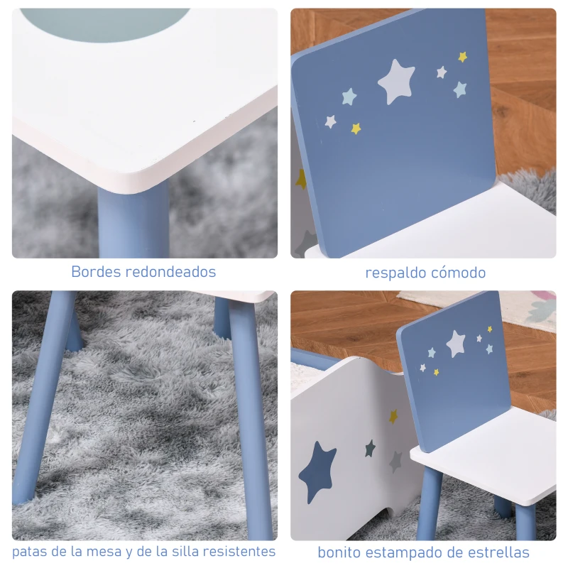 HOMCOM Mesa con Sillas para Niños de 2-4 Años de Madera Mesa 60x40x43 cm y Sillas para Dormitorio 28x26x48 cm Blanco y Azul