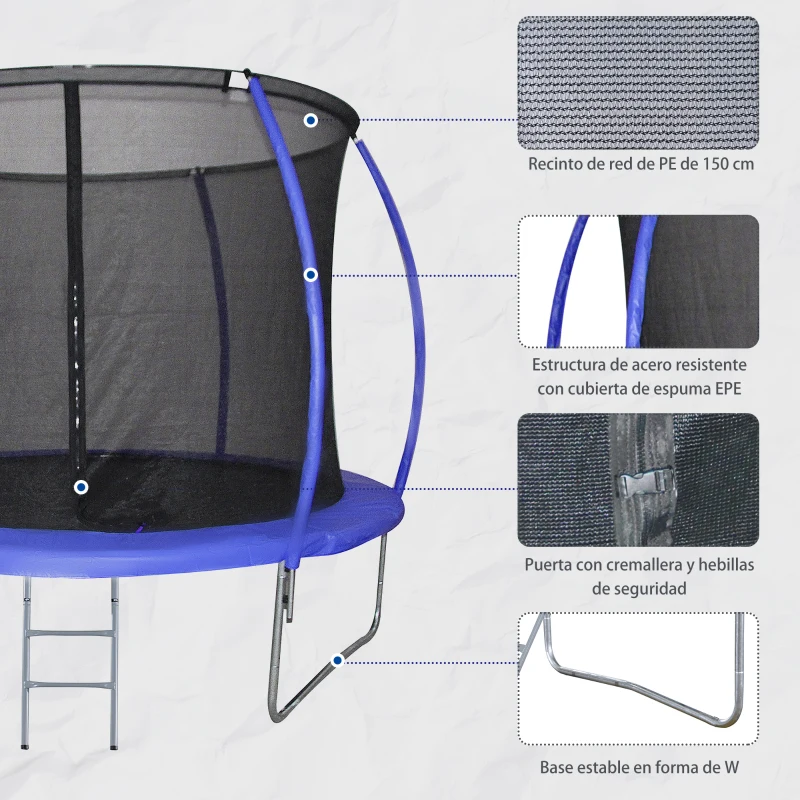 HOMCOM Cama Elástica Multifuncional Estable para Exterior e Interior Patio Gimnasio Trampolín Grande con Red Seguridad y Escalera Carga 100kg para Adultos y Niños Φ244x205 cm Azul