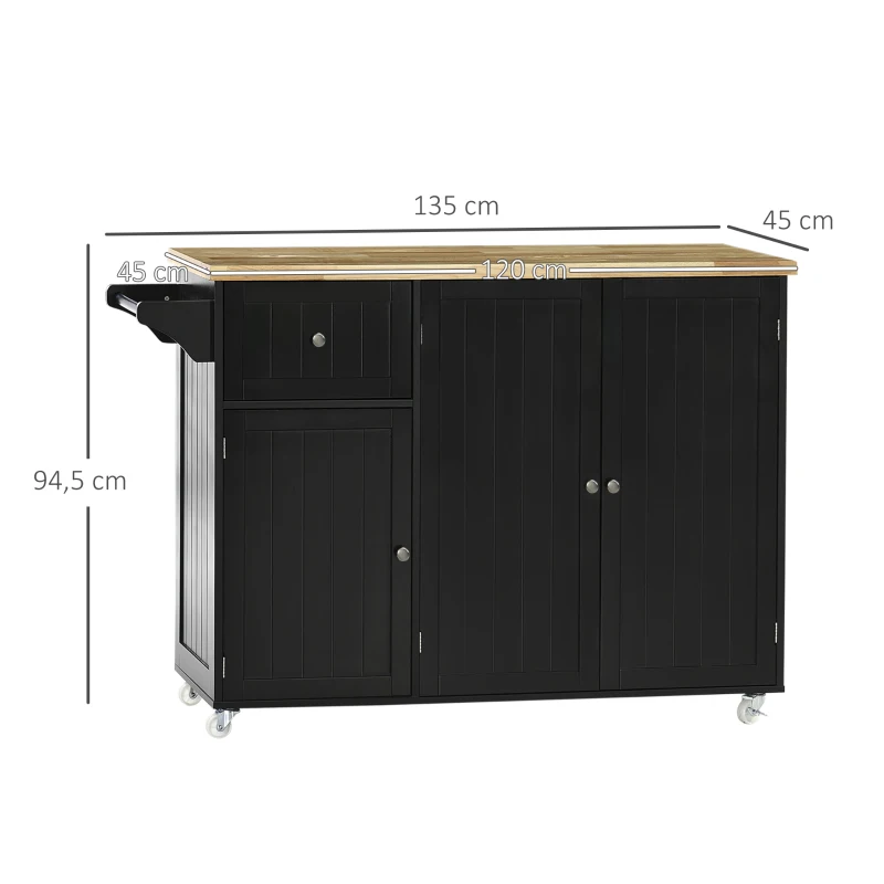 HOMCOM Isla de Cocina con Ruedas Carro de Cocina con Cajón Armarios con Estantes y Barra para Colgar 135x45x94,5cm Negro