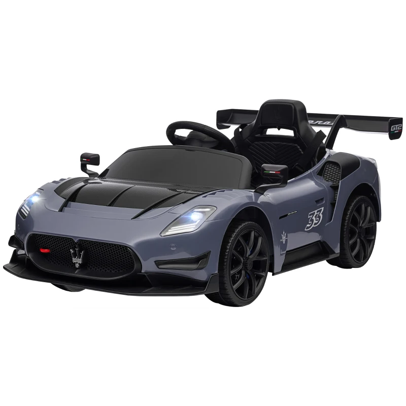 AIYAPLAY Coche Eléctrico para Niños de +3 Años Maserati GT2 con Mando a Distancia Faros LED Bocina Música Ruedas Auxiliares Gris