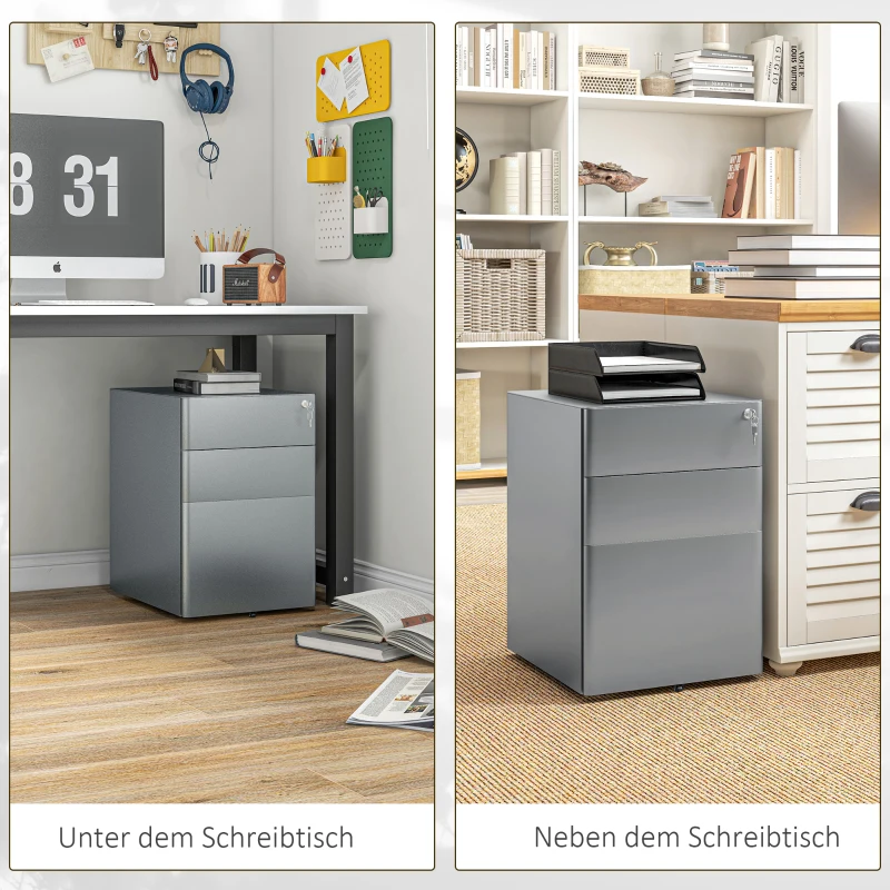 Vinsetto Aktenschrank, Rollcontainer, 2 Schubladen & Hängeregister, Schloss, Stahlgehäuse, 39x48x59 cm, Grau