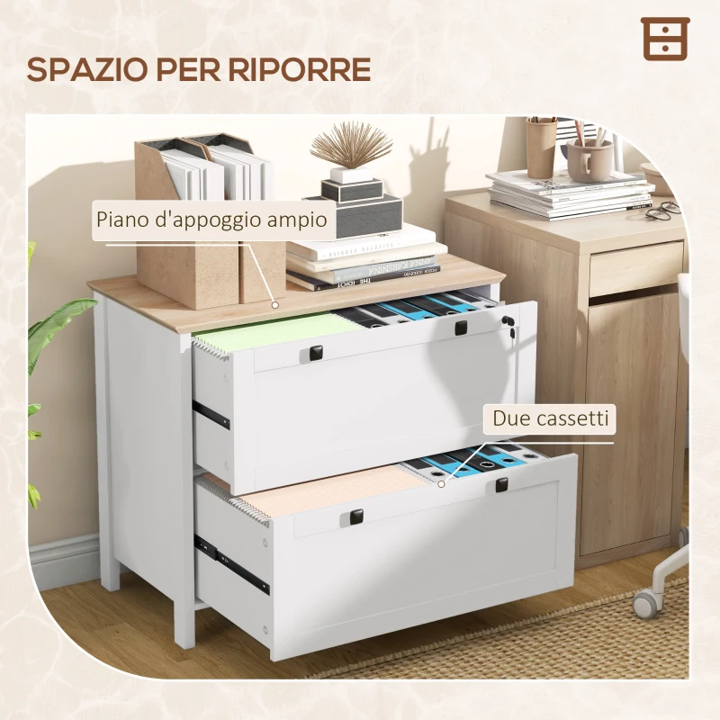 HOMCOM Armadietto Portadocumenti con 2 Cassetti per Cartelle A4, Serratura e Chiavi, 76x40x76cm, Bianco