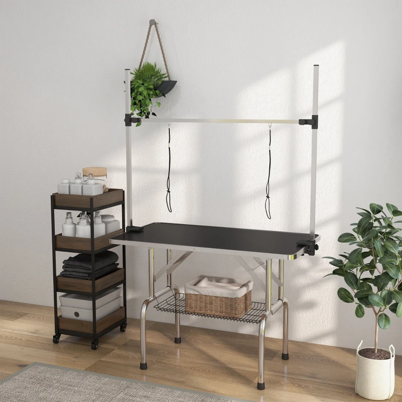 PawHut Mesa de Peluquería para Mascotas Mesa de Aseo Plegable con Estante de Almacenamiento Altura Ajustable 20-80 cm 107x60x170 cm Negro