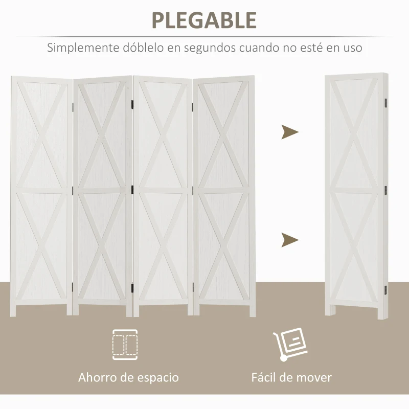 HOMCOM Biombo de 4 Paneles Separador de Ambientes Plegable 182x170 cm Divisor de Espacios Elegante Blanco