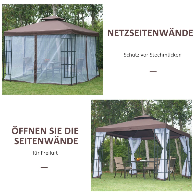 Outsunny Pavillon Gartenpavillon mit Moskitonetze Seitenwände, Partyzelt mit Doppeldach, Gartenzelt Festzelt 2,97x2,97m