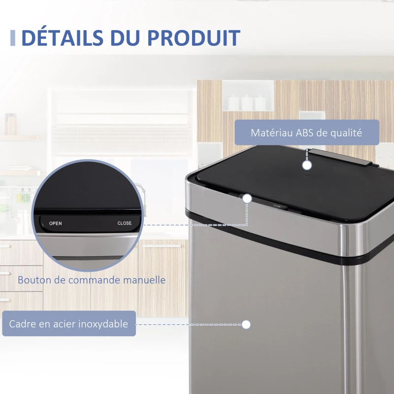 HOMCOM Poubelle à capteur de mouvement ouverture automatique 3 compartiments capacité 72L design 42 x 30 x 81 cm