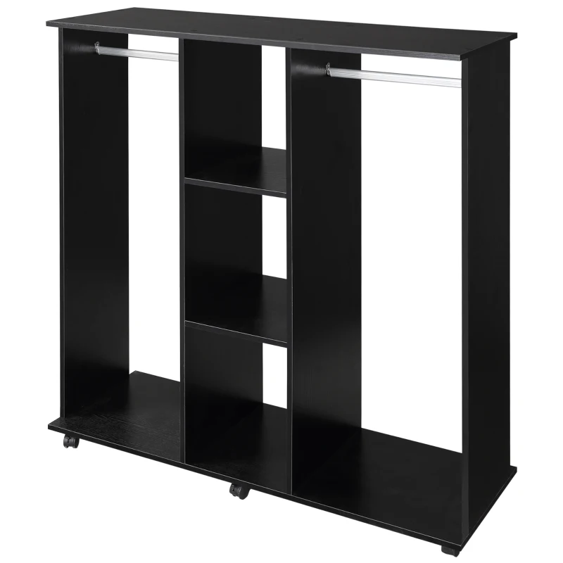 HOMCOM Open Wardrobe Double Mobile Storage Shelves Organizer W/6 Wheels-Black