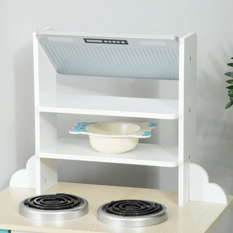 HOMCOM Two Kids Wooden Toy Kitchen Play Cooking Set Pretend Role Playset, with Sink Faucet, Cooking Bench, Telephone, Pots, for 3-6 Years