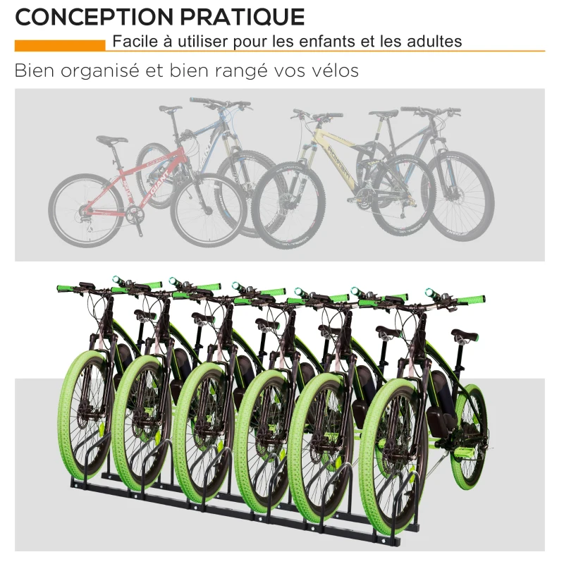 HOMCOM Râtelier 6 vélos range-vélos support de rangement pneu 65 mm sol ou mural pour VTT enfants BMX 179 x 33 x 27 cm acier noir