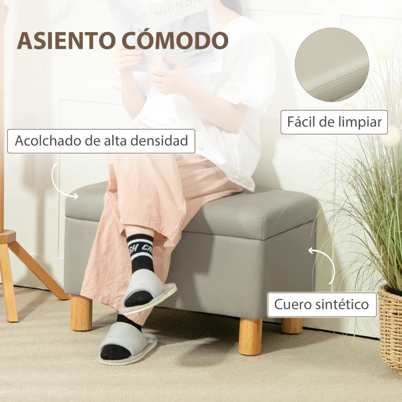 HOMCOM Baúl de Almacenaje para Dormitorio 33L Tapizado en PU Banco de Almacenaje con Patas de Madera 60x38x40 cm Gris Claro