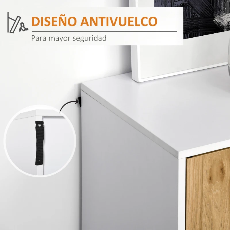 HOMCOM Aparador de Cocina con 4 Puertas Estantes Ajustables y Patas Metálicas Mueble Auxiliar Moderno para Salón Comedor 147,2x40,5x76,2 cm Natural y Blanco