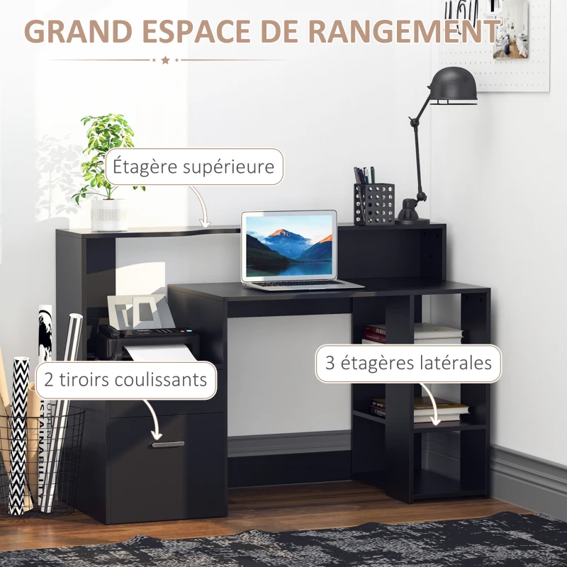 HOMCOM Bureau informatique avec 2 tiroirs, bureau avec rangement, 137 x 55 x 92 cm, étagères ouvertes et tablette d'imprimante, style moderne, table d'ordinateur pour chambre, studio, noir