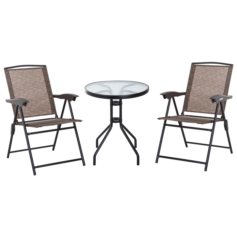 Outsunny Conjunto Mesa y 2 Sillas Muebles para Jardín Exterior Patio Terraza Silla Plegable Respaldo Reclinable a 4 Niveles Texteline Marco Acero Marrón