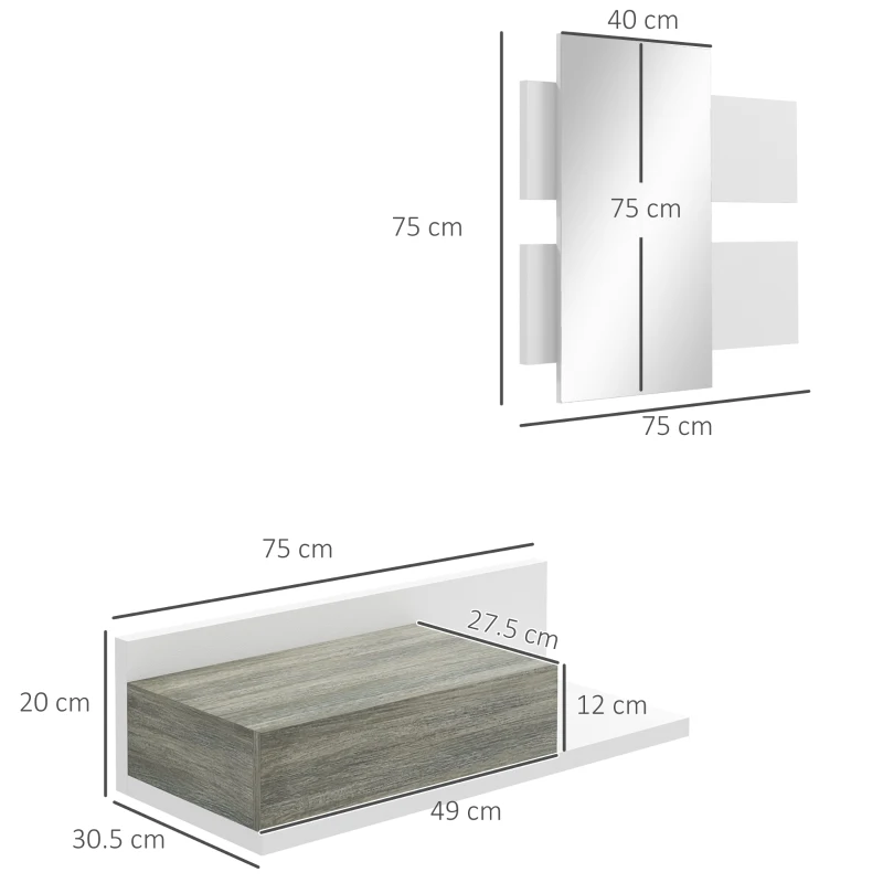 HOMCOM Mobile da Ingresso 2 in 1 con Specchio da Parete 75x3.5x75 cm e Cassetto 75x30.5x20 cm, Grigio e Bianco