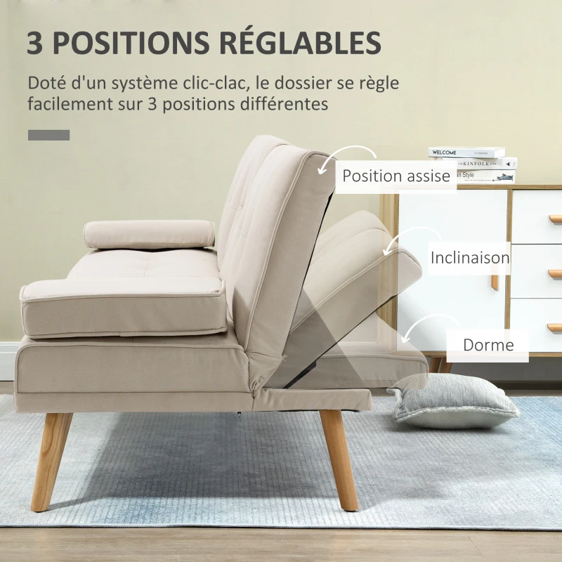 HOMCOM Canapé convertible 3 places, canapé-lit rembourré avec dossier réglable 3 niveaux, 2 coussins et 2 porte-gobelets intégrés, tissu de lin, pour salon, chambre d'amis, petit espace, beige