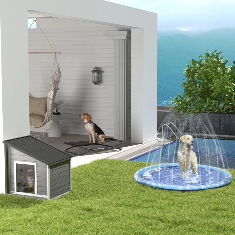 PawHut Hundehütte aus Massivholz, wetterbeständig, Asphaltdach, 71 cm x 58 cm x 77 cm, Grau + Weiß