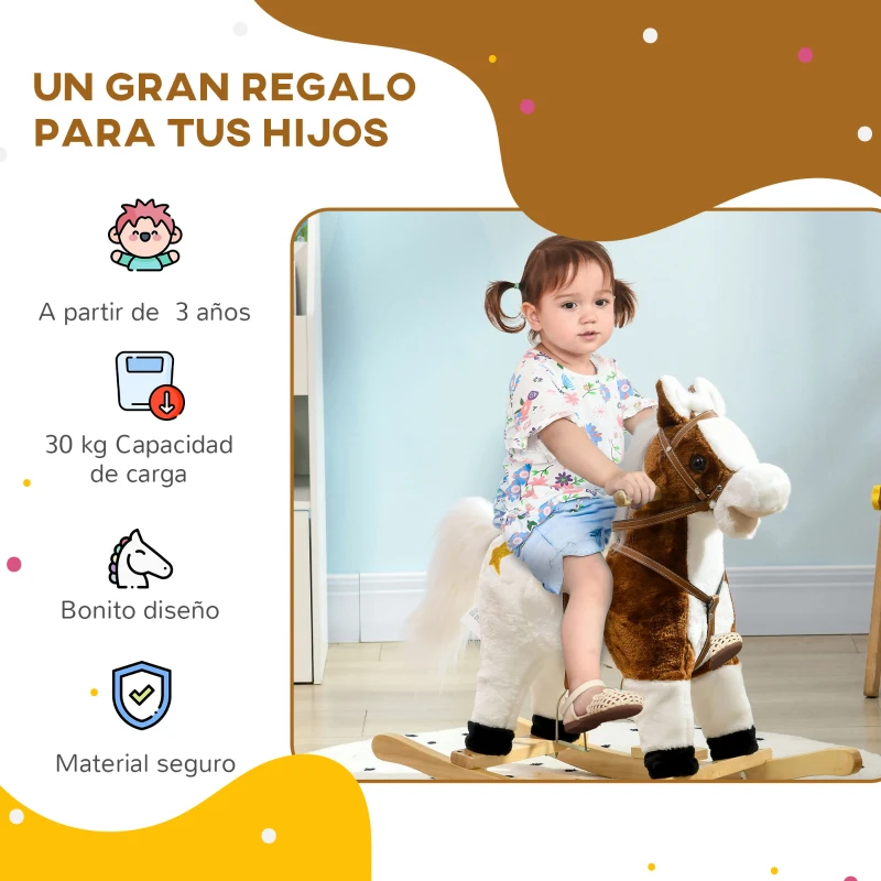 HOMCOM Caballo Balancín para Niños de +3 Años con Música Sonido y Función de Cola Mover la Cola Carga 30 kg 68x26x62 cm Marrón
