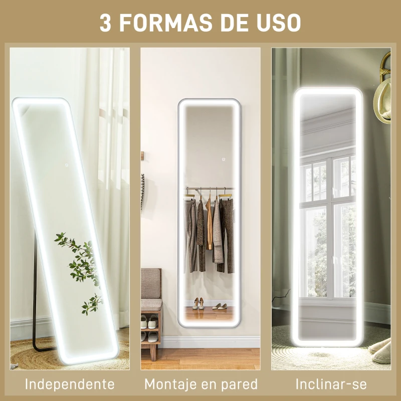 HOMCOM Espejo de Cuerpo Entero con Luz LED 150x40 cm con Iluminación de 3 Colores Función de Memoria y Táctil Inteligente Negro