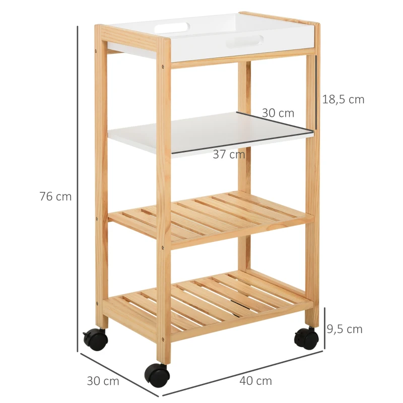 HOMCOM Chariot de service desserte de cuisine à roulettes 3 étagères + plateau amovible bois de pin MDF blanc