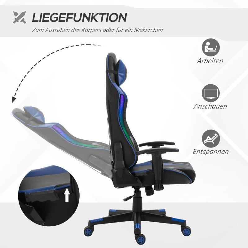 Vinsetto Bürostuhl LED Gaming Stuhl mit Armlehne, hoher Rückenlehne und Kissen ergonomischer Drehstuhl mit Liegefunktion Handlauf anhebbar Kunstleder Nylon Schwarz+Blau 70 x 57,5 x 126-136 cm