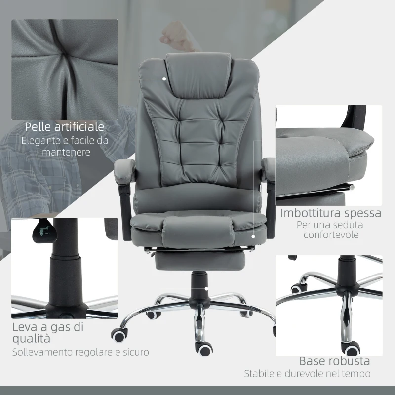 HOMCOM Sedia da Ufficio Ergonomica Reclinabile a 145° con Poggiapiedi Estraibile in Finta Pelle, Grigio