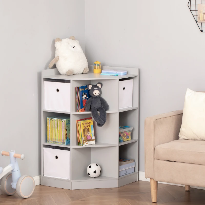 HOMCOM Kids Bookcase, 3 Tier Toy Organiser Storage Unit BookShelf with 3 Non-woven Fabric Drawers, Anti-tip Device, for Bedroom, Children's Room, Playroom, Grey