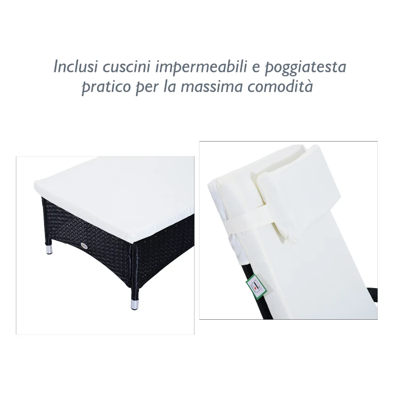 Outsunny Set da Giardino con 2 Sedie a Sdraio con Schienale Reclinabile e Tavolino Basso in Rattan PE, Nero