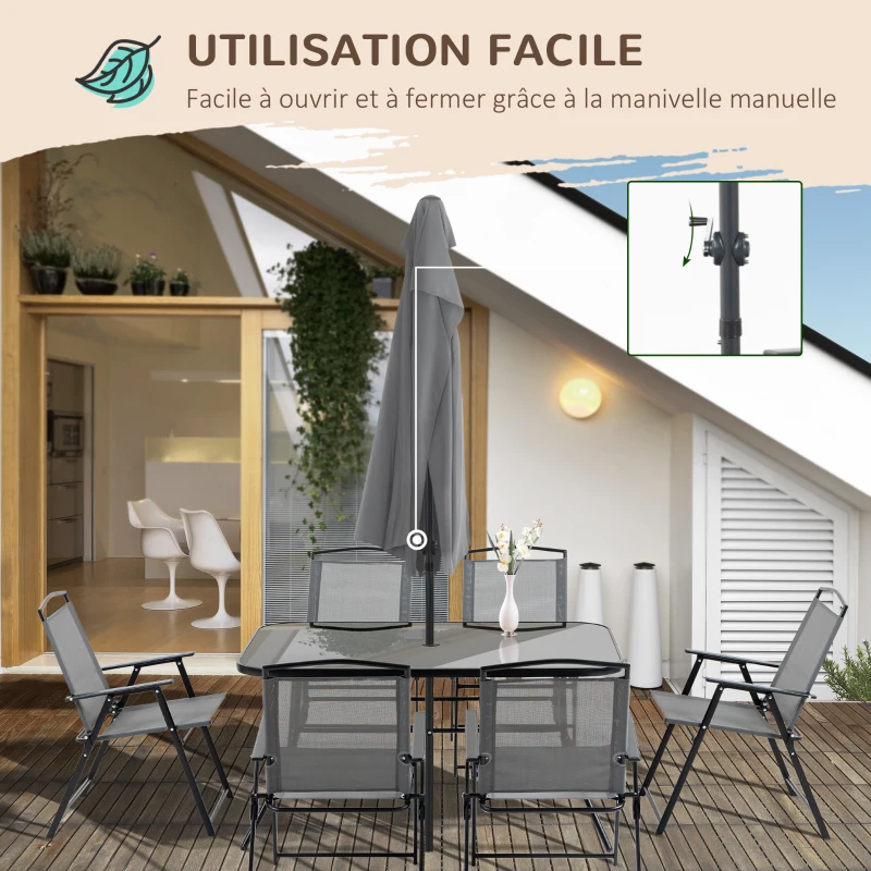 Outsunny Ensemble salon de jardin 8 pièces avec grand parasol, table dim.140L x 90l x 70H cm et chaises pliantes pour 6 personnes - métal époxy textilène polyester gris