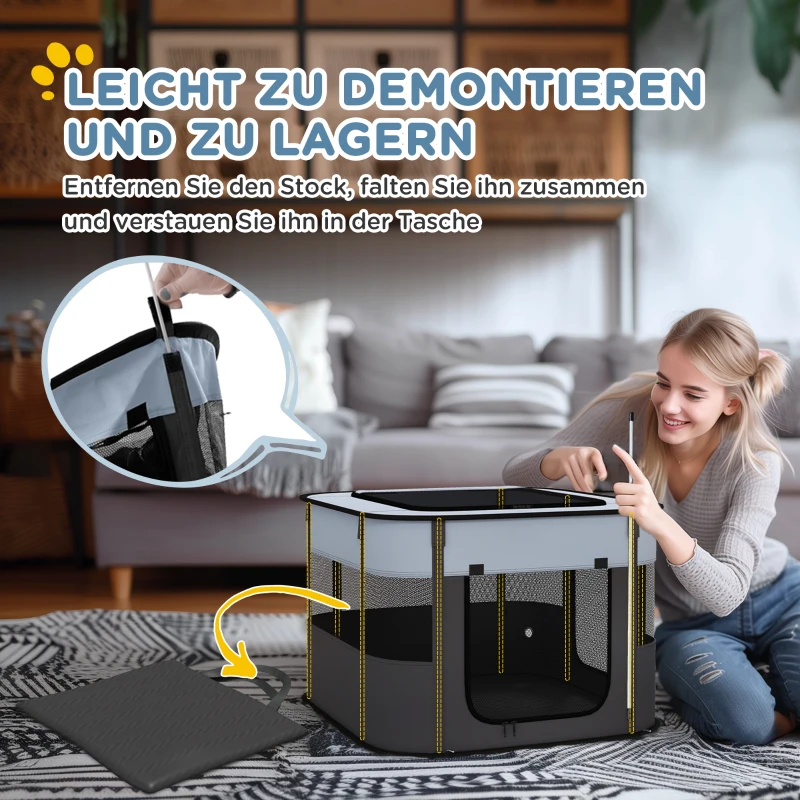 PawHut Spielgehege für Haustiere, faltbar, mit Aufbewahrungstasche, für Welpen und Kätzchen, drinnen und draußen, Grau(m-6)