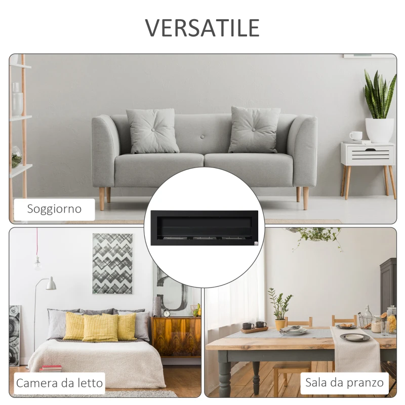 HOMCOM Camino Bioetanolo da Parete a con 3 Serbatoi da 1L e Copertura 20m², 120x40 cm Caminetto Bioetanolo 2Kw in Acciaio e Vetro per Salotto, Soggiorno e Camera da Letto, Nero