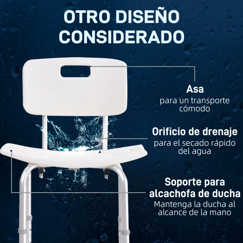 HOMCOM Silla para Ducha con Respaldo Altura Regulable y Antideslizante Carga 136 kg para Ancianos y Discapacitados