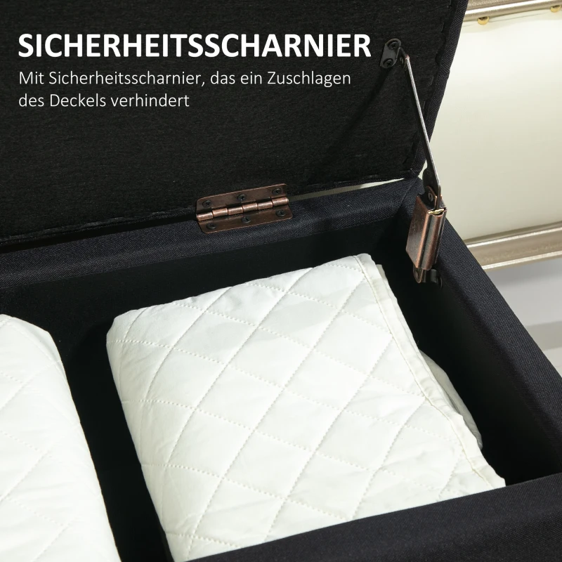 HOMCOM Sitzbank mit Stauraum, Truhenbank, leinenartiges Polyester, Kautschukholz, Schwarz, 100 x 40 x 44 cm