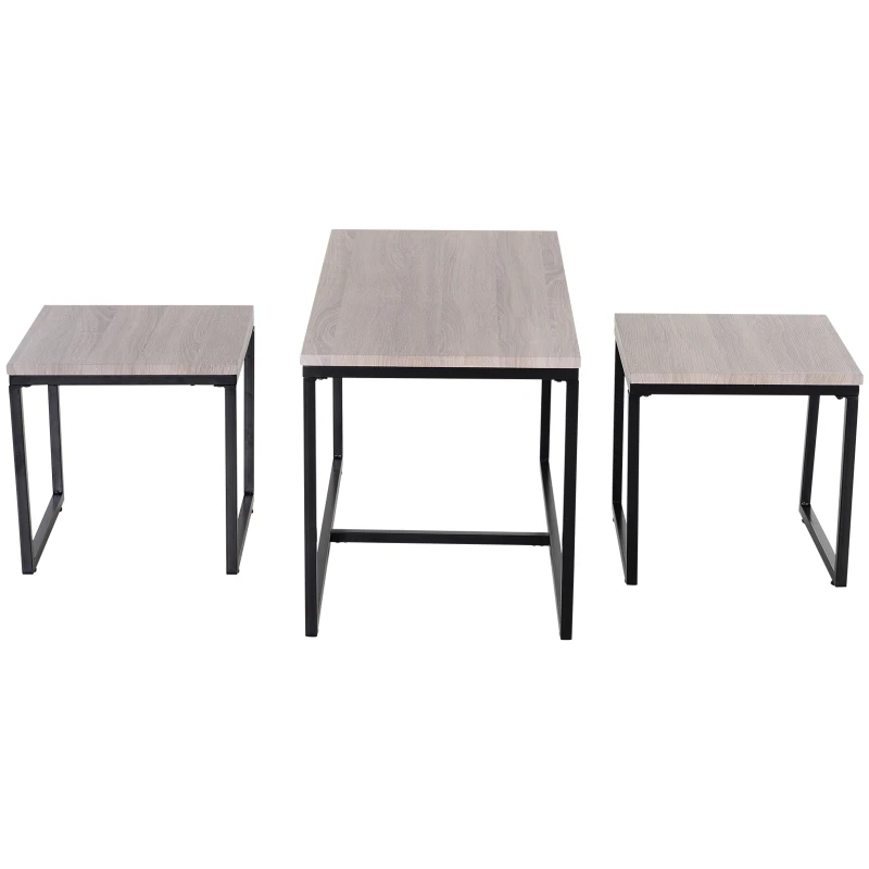 HOMCOM Lot de 3 tables basses gigognes design industriel encastrable dim. grande table 90L x 45l x 50H cm métal noir MDF chêne clair