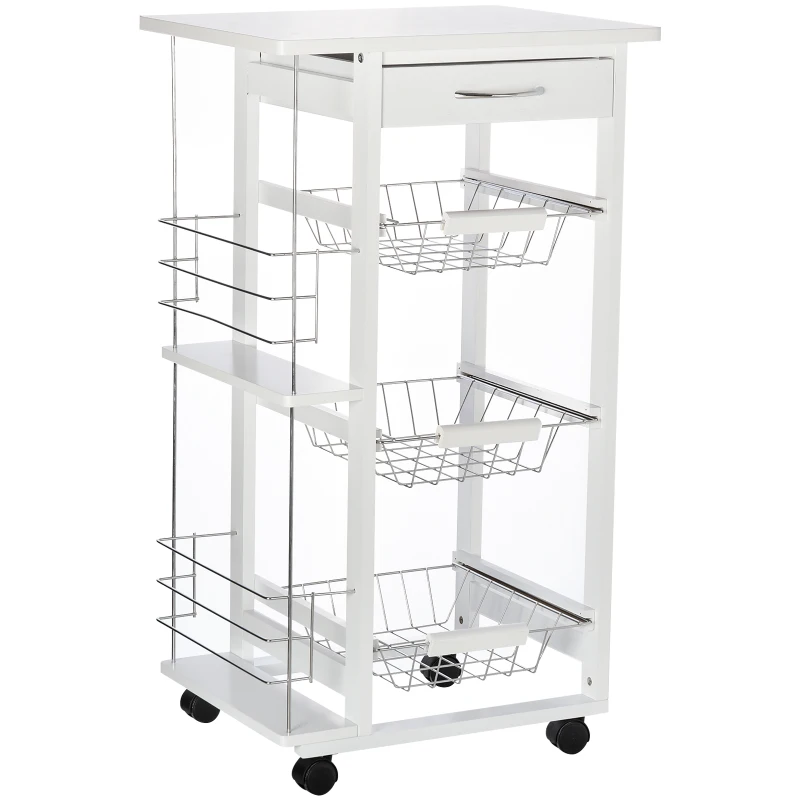 HOMCOM Carrello Isola da Cucina Salvaspazio in Legno di Pino, Carrello Portavivande con 4 Ruote Cassetto 3 Cesti Estraibili Portafrutta, Bianco