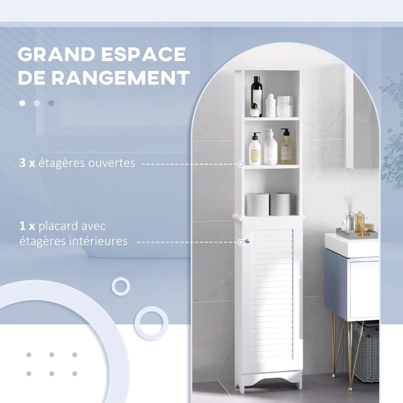 HOMCOM Meuble Colonne Salle de Bain 3 niches Placard Porte persienne 3 étagères MDF Panneaux de Particules Blanc