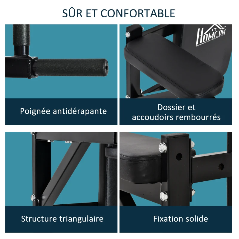 HOMCOM Barre de traction murale barre de fitness barre d'étirement musculation en acier avec coussin de dossier et coudière largeur réglable sur 3 niveaux 70 x 48 x 53-63 cm noir