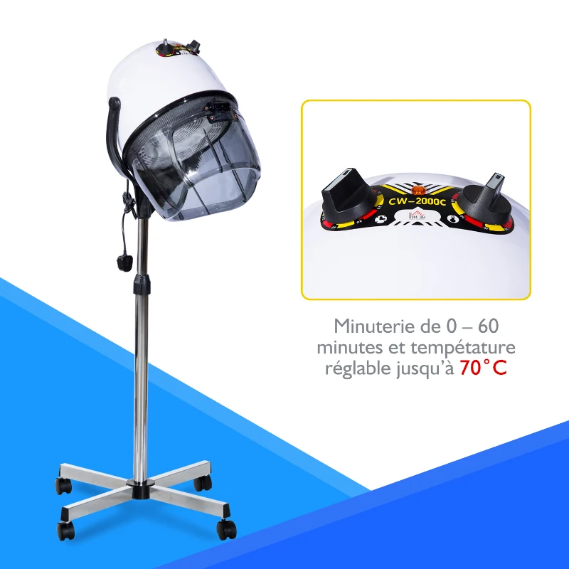 HOMCOM Sèche-cheveux professionnel sur pied casque séchoir pro. 1180 W grand confort hauteur réglable minuterie 60 min. 65L x 65l x 115-165H cm blanc noir