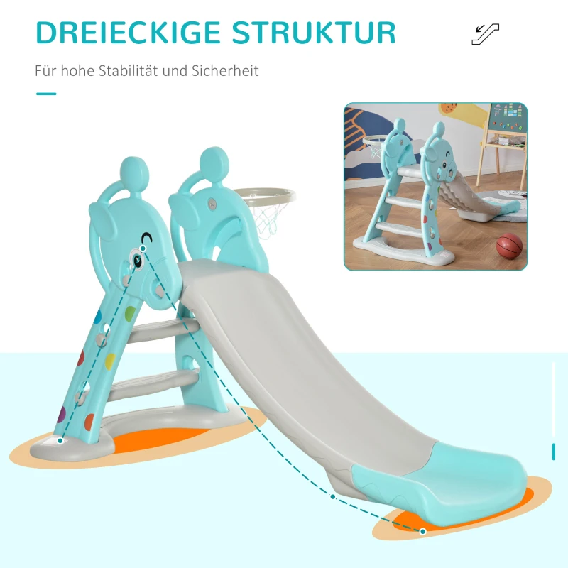 HOMCOM Kinderrutsche mit Basketballkorb faltbare Spielzeugrutsche mit verlängerter Heckkissen Dreiecksstruktur HDPE PP Hellblau+Grau 147 x 82 x 85,5 cm
