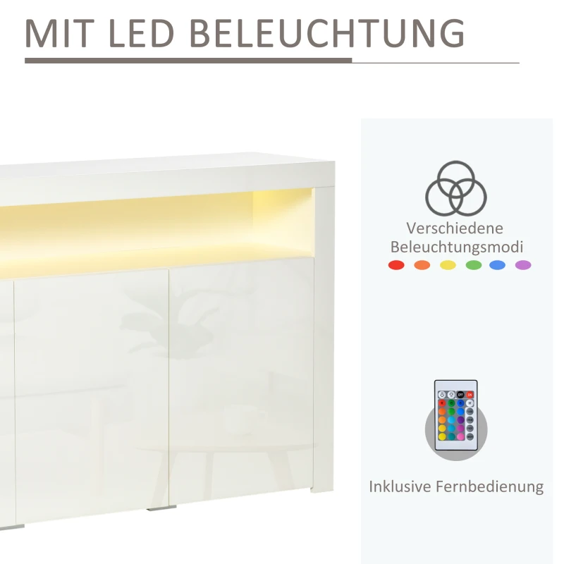 HOMCOM Sideboard Hochglanz Vorratsschrank Küchenschrank mit LED-Licht für Eingang Essbereich Wohnzimmer Material MDF und Spanplatte  Weiß 155 x 40 x 92 cm