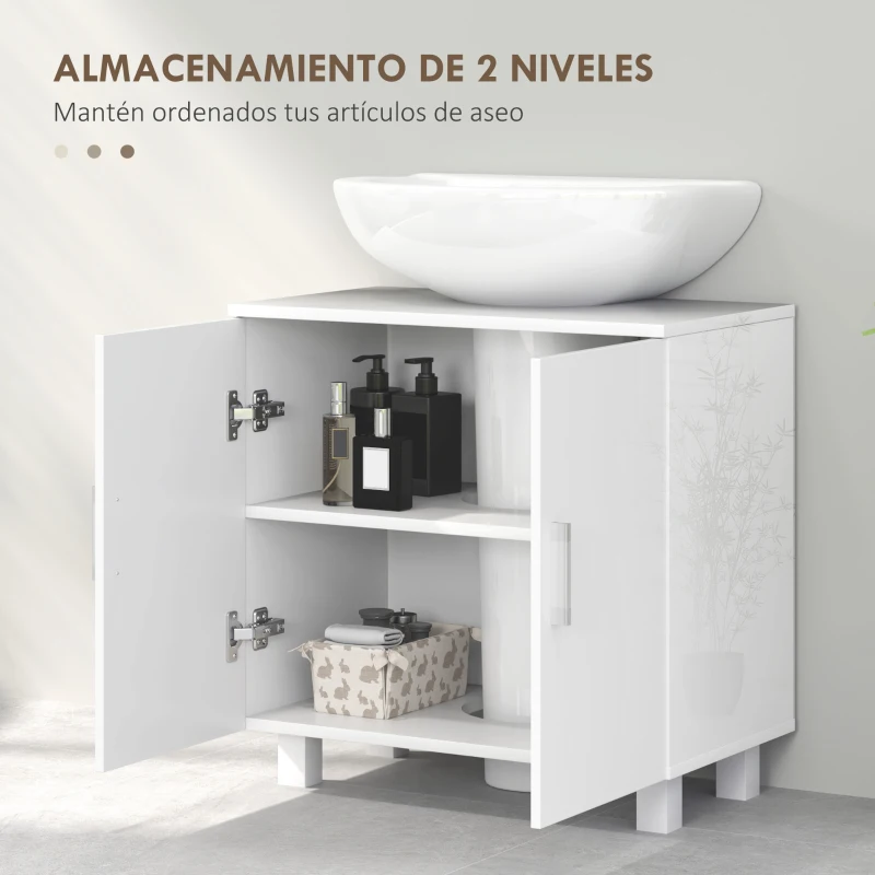 HOMCOM Mueble para Debajo del Lavabo con 2 Puertas 2 Estantes y Sistema Antivuelco para Cuarto Baño 60x35x60 cm Blanco