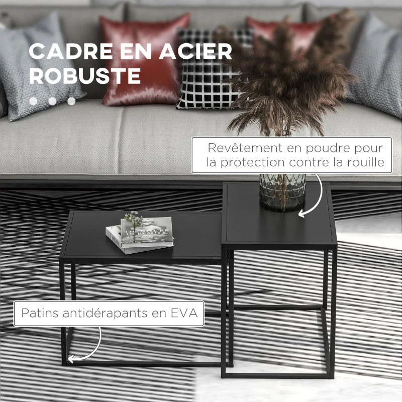 HOMCOM Lot de 2 tables basses gigognes rectangulaires style industriel en acier noir mat