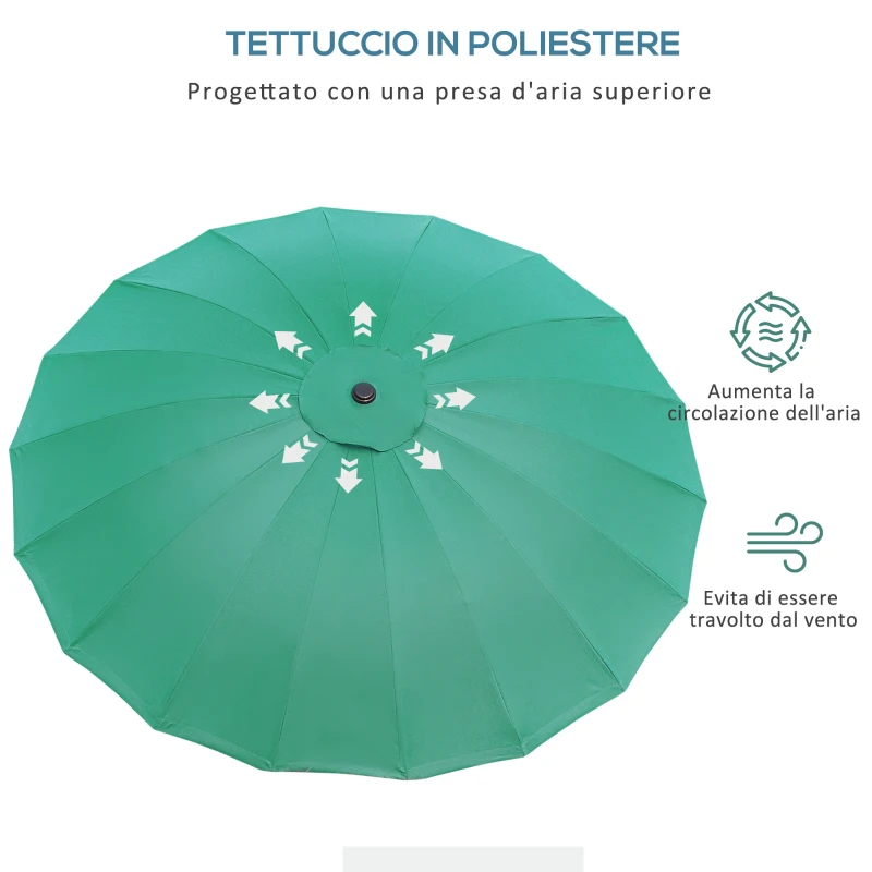 Outsunny Ombrellone da Giardino e Terrazza Ø2.5x2.5 m con Manovella, 18 Stecche e Testa Inclinabile, Verde