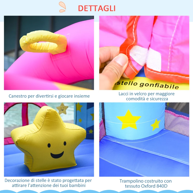 Outsunny Castello Gonfiabile Gigante Colorato e con Gonfiatore, Gioco Gonfiabile per Bambini 3-8 Anni, 195x195x215cm