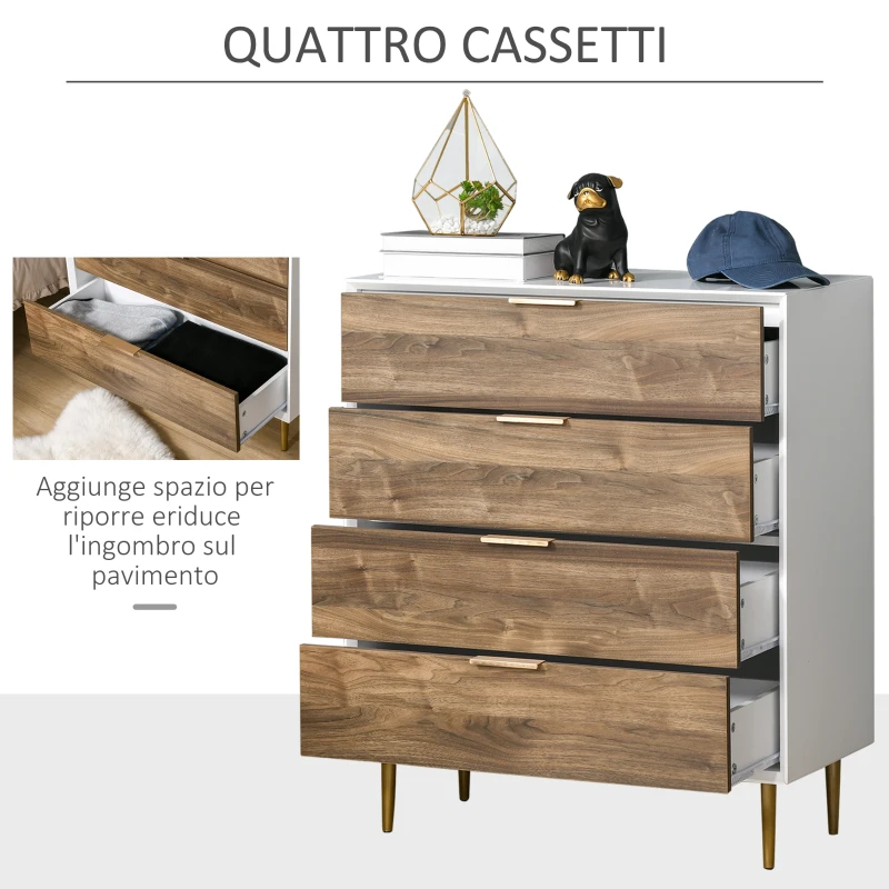 HOMCOM Cassettiera 4 Cassetti con Maniglie e Piedini, Arredamento Moderno Casa in Legno 80x40x93.5cm Bianco e Noce