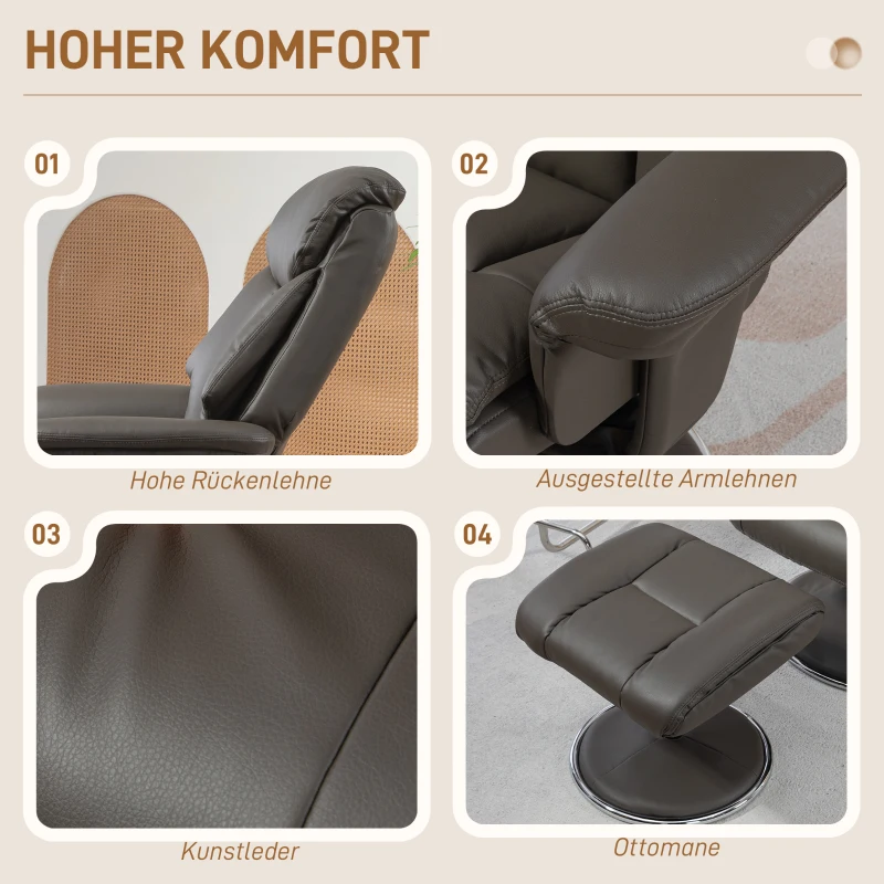 HOMCOM Relaxsessel mit Hocker, Rückenlehne verstellbar, Kunstleder, bis 150 kg, Grau(m-6)