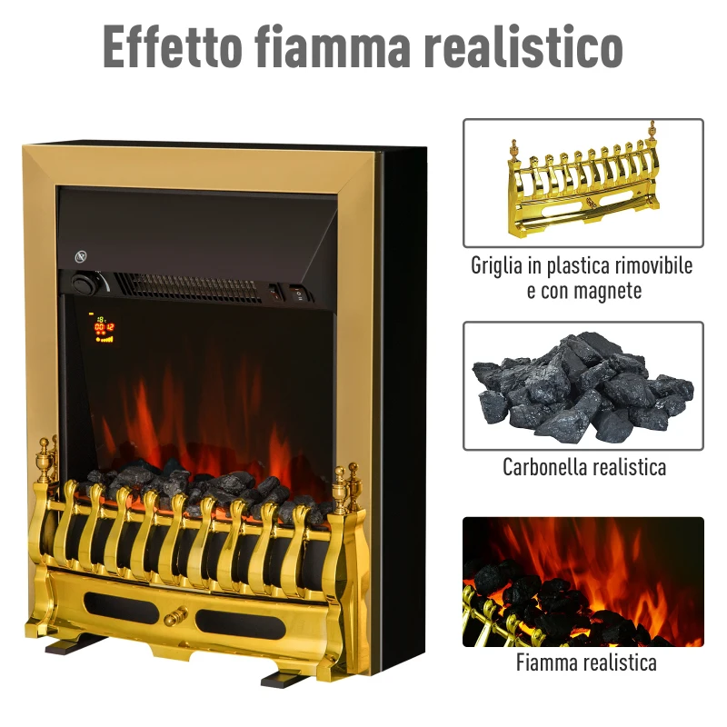 HOMCOM Camino Elettrico da Incasso o da Terra Potenza 1000W / 2000W in Plastica e Metallo 48.2 × 18.5 × 59.2cm Oro