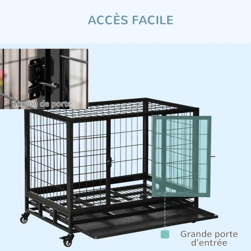 PawHut Cage pour chien animaux cage de transport sur roulettes 2 portes verrouillables plateau amovible 92 x 62 x 75 cm noir