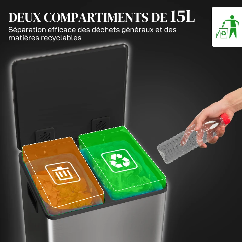 HOMCOM Poubelle de cuisine 2 compartiments de 2 x 15L, avec pédale, en acier inoxydable, couvercle à fermeture douce