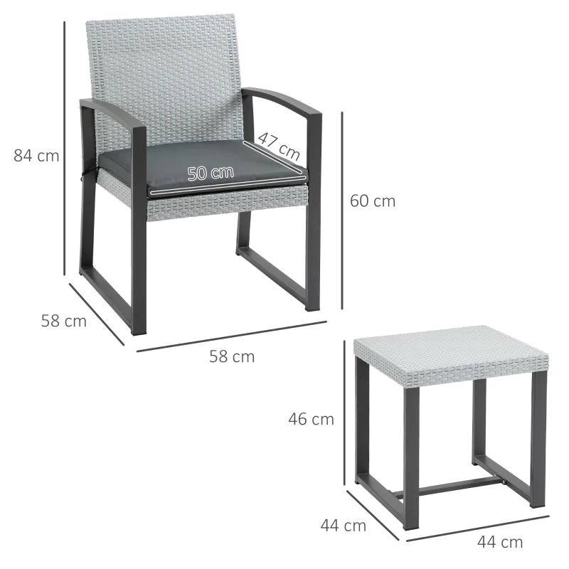 Outsunny Polyrattan Sitzgruppe für 2 Personen Balkonmöbel Set mit Beistelltisch mit Sitzkissen Stahl Schwarz+Grau