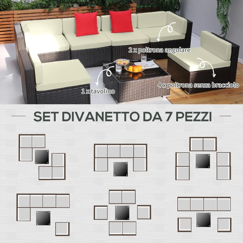 Outsunny Salotto da Giardino in Rattan da 7 Pezzi con Tavolino e Divano Modulabile con Cuscini, Crema